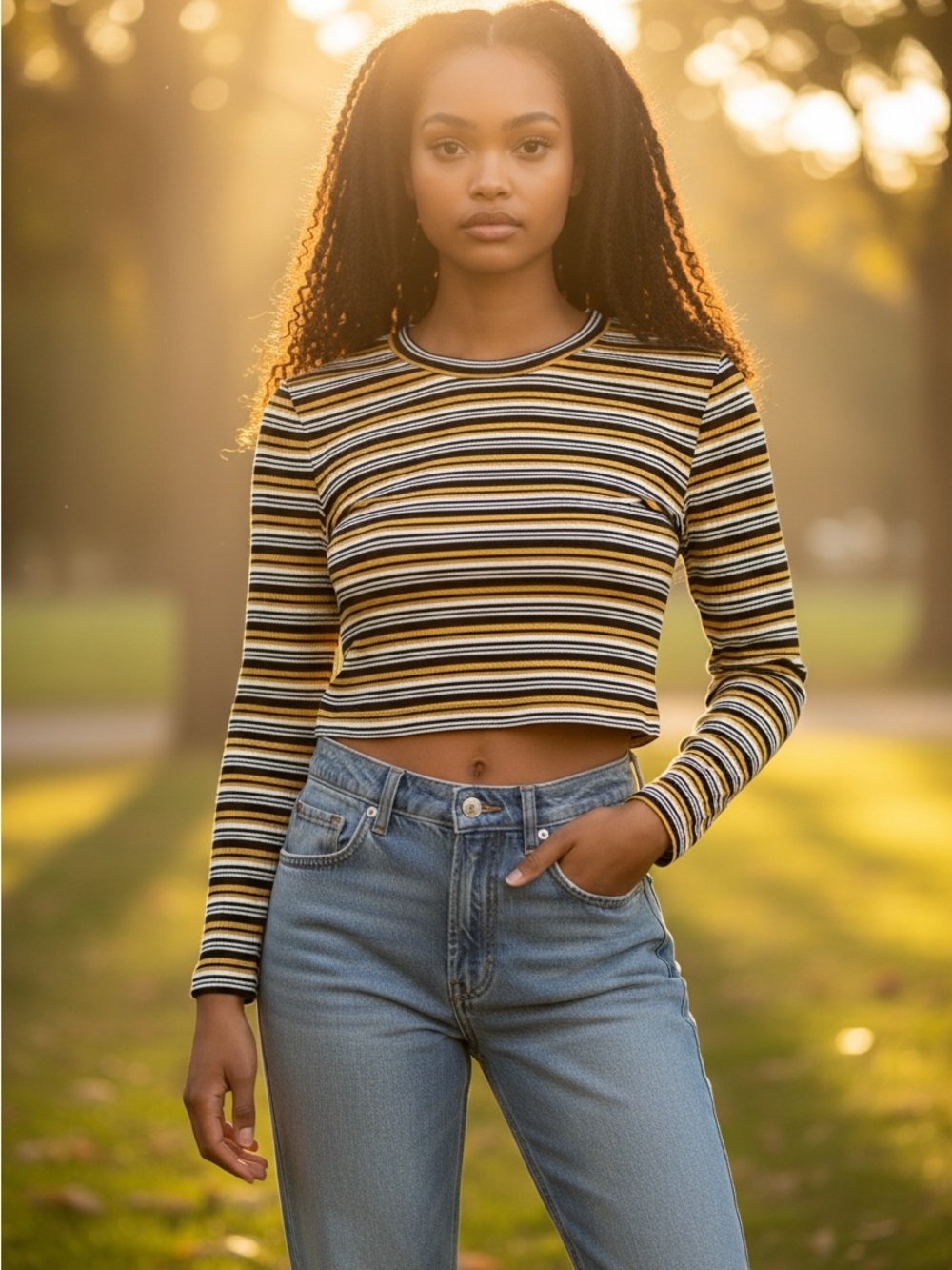 Striped Long-Sleeve Crop Top in Mustard/Black